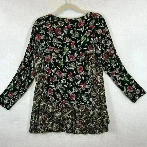 J Jill Top Women’s Medium Black Floral Tunic Long Sleeve Ruffles Boho - Picture 2 of 10